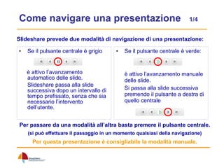 Come navigare una presentazione  1/4 Se il pulsante centrale è grigio è attivo l’avanzamento automatico delle slide. Slideshare passa alla slide successiva dopo un intervallo di tempo prefissato, senza che sia necessario l’intervento dell’utente. Se il pulsante centrale è verde: è attivo l’avanzamento manuale delle slide. Si passa alla slide successiva premendo il pulsante a destra di quello centrale Slideshare prevede due modalità di navigazione di una presentazione: Per passare da una modalità all’altra basta premere il pulsante centrale. (si può effettuare il passaggio in un momento qualsiasi della navigazione) Per questa presentazione è consigliabile la modalità manuale. 