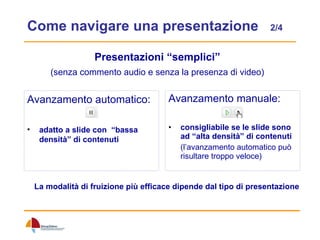 Come navigare una presentazione  2/4 Avanzamento manuale: consigliabile se le slide sono ad “alta densità” di contenuti   (l’avanzamento automatico può risultare troppo veloce) Avanzamento automatico: adatto a slide con  “bassa densità” di contenuti   Presentazioni “semplici” (senza commento audio e senza la presenza di video) La modalità di fruizione più efficace dipende dal tipo di presentazione 