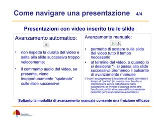 Come navigare una presentazione  4/4 Avanzamento manuale: permette di sostare sulla slide del video tutto il tempo necessario  al termine del video, o quando lo si desidera(*), si passa alla slide successiva premendo il pulsante di avanzamento manuale (*) con l’accorgimento di lasciare all’audio del video il tempo di “partire” (in questo caso l’audio si interromperà senza disturbare le slide successive; se invece si avanza prima che l’audio sia partito si incorre nell’inconveniente descritto per l’avanzamento automatico)  Avanzamento automatico: non rispetta la durata del video e salta alla slide successiva troppo velocemente;  il commento audio del video, se presente, viene inopportunamente “spalmato” sulle slide successive  Presentazioni con video inserito tra le slide Soltanto  la modalità di avanzamento  manuale  consente una fruizione efficace 