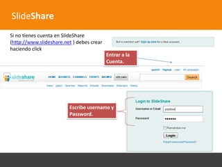 SlideShare
Si no tienes cuenta en SlideShare
(http://www.slideshare.net ) debes crear
haciendo click
                                           Entrar a la
                                           Cuenta.




                         Escribe username y
                         Password.
 