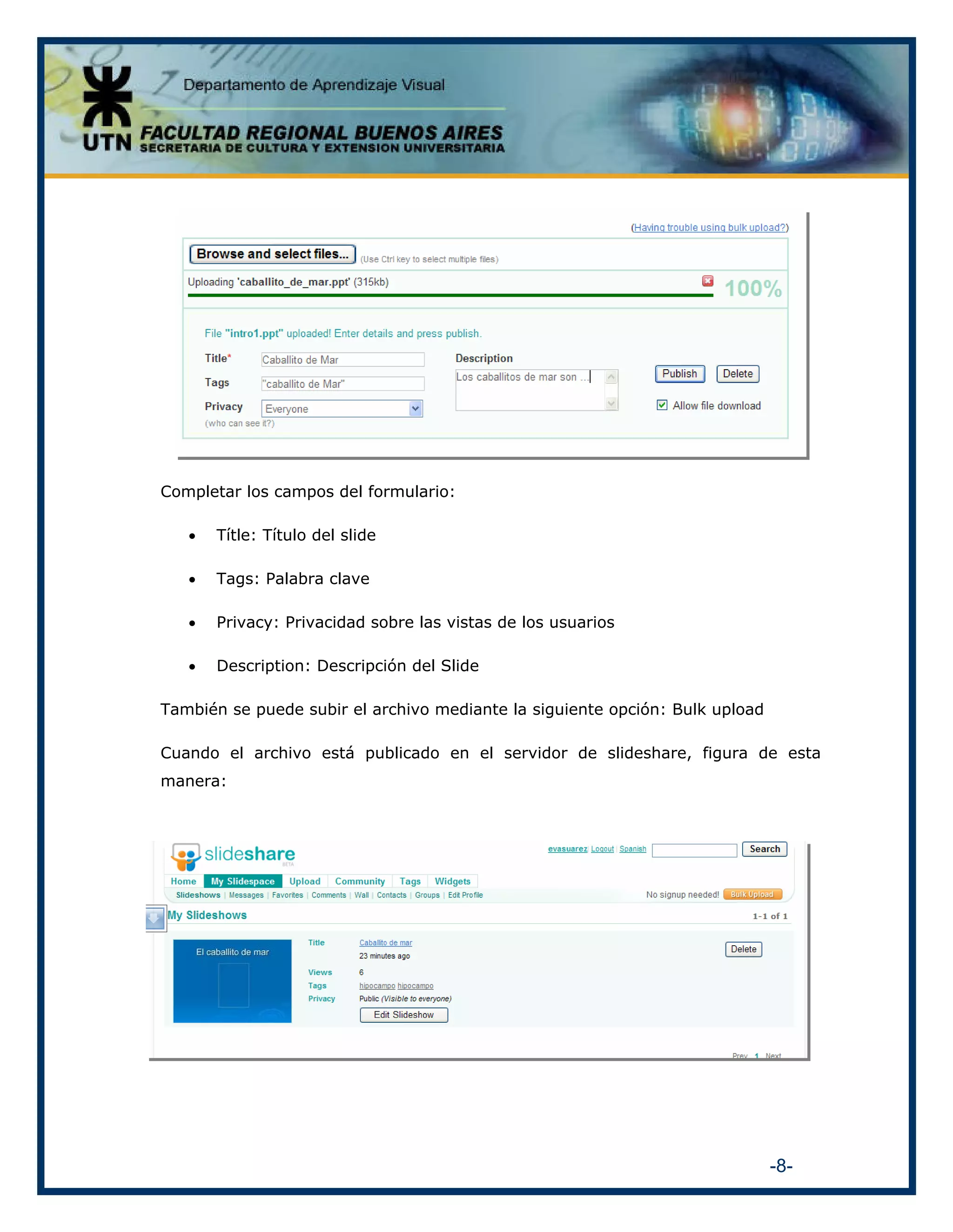 Completar los campos del formulario:
•

Títle: Título del slide

•

Tags: Palabra clave

•

Privacy: Privacidad sobre las vistas de los usuarios

•

Description: Descripción del Slide

También se puede subir el archivo mediante la siguiente opción: Bulk upload
Cuando el archivo está publicado en el servidor de slideshare, figura de esta
manera:

-8-

 