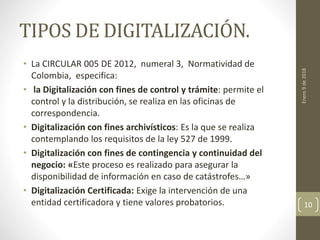 TIPOS DE DIGITALIZACIÓN.
• La CIRCULAR 005 DE 2012, numeral 3, Normatividad de
Colombia, especifica:
• la Digitalización con fines de control y trámite: permite el
control y la distribución, se realiza en las oficinas de
correspondencia.
• Digitalización con fines archivísticos: Es la que se realiza
contemplando los requisitos de la ley 527 de 1999.
• Digitalización con fines de contingencia y continuidad del
negocio: «Este proceso es realizado para asegurar la
disponibilidad de información en caso de catástrofes…»
• Digitalización Certificada: Exige la intervención de una
entidad certificadora y tiene valores probatorios.
Enero9de2018
10
 