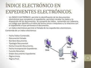ÍNDICE ELECTRÓNICO EN
EXPEDIENTES ELECTRÓNICOS.
• Un INDICE ELECTRÓNICO permite la identificación de los documentos
electrónicos que componen el expediente, permiten recabar los datos y la
disposición de los documentos. Se compone de índice, contenido con cabecera,
un código que identifica al índice de forma única e inequívoca y lo relaciona con
el expediente al que pertenece el documento.
• un índice electrónico permite el foliado de los expedientes electrónicos .
Contenido de un índice electrónico:
• Fecha Índice Contenido.
• Documento Foliado.
• Nombre Documento.
• Tipología Documental.
• Fecha Creación Documento.
• Fecha Incorporación Expediente.
• Función Resumen.
• Orden Documento Expediente.
• Página Inicio.
• Página final. 15
 