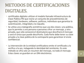 METODOS DE CERTIFICACIONES
DIGITALES.
• certificados digitales utilizan el modelo llamado Infraestructura de
Clave Pública PKI que reúne un conjunto de procedimientos de
seguridad, hardware, software, políticas, individuos que garantiza la
autenticación, integridad y no repudio.
• Se utiliza una criptografía asimétrica que usa dos claves: una pública,
que le permite a una persona o personas cifrar un mensaje, y otra
privada, que sólo conocerá el destinatario que descifrará el mensaje
y será el único que puede descifrarlo. Cada Parte debe tener su clave
privada y la clave pública de la contraparte para garantizar el envío
confidencial.
• La intervención de la entidad certificadora emite el certificado y lo
verifica a la vez, indagando la identidad del remitente. En este
método se cifra solo un resumen del mensaje, no todo el mensaje.
Estas claves se guardan en un DNI electrónico.
Enero9de2018
19
 