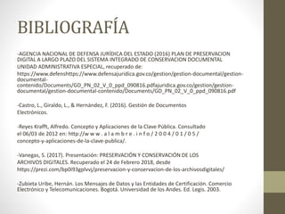 BIBLIOGRAFÍA
-AGENCIA NACIONAL DE DEFENSA JURÍDICA DEL ESTADO (2016) PLAN DE PRESERVACION
DIGITAL A LARGO PLAZO DEL SISTEMA INTEGRADO DE CONSERVACION DOCUMENTAL
UNIDAD ADMINISTRATIVA ESPECIAL, recuperado de:
https://www.defenshttps://www.defensajuridica.gov.co/gestion/gestion-documental/gestion-
documental-
contenido/Documents/GD_PN_02_V_0_ppd_090816.pdfajuridica.gov.co/gestion/gestion-
documental/gestion-documental-contenido/Documents/GD_PN_02_V_0_ppd_090816.pdf
-Castro, L., Giraldo, L., & Hernández, F. (2016). Gestión de Documentos
Electrónicos.
-Reyes Krafft, Alfredo. Concepto y Aplicaciones de la Clave Pública. Consultado
el 06/03 de 2012 en: http://w w w . a l a m b r e . i n f o / 2 0 0 4 / 0 1 / 0 5 /
concepto-y-aplicaciones-de-la-clave-publica/.
-Vanegas, S. (2017). Presentación: PRESERVACIÓN Y CONSERVACIÓN DE LOS
ARCHIVOS DIGITALES. Recuperado el 24 de Febrero 2018, desde
https://prezi.com/bp0i93gplvvj/preservacion-y-conservacion-de-los-archivosdigitales/
-Zubieta Uribe, Hernán. Los Mensajes de Datos y las Entidades de Certificación. Comercio
Electrónico y Telecomunicaciones. Bogotá. Universidad de los Andes. Ed. Legis. 2003.
 
