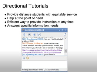 Directional Tutorials
Provide distance students with equitable service
Help at the point of need
Efficient way to provide instruction at any time
Answers specific information needs