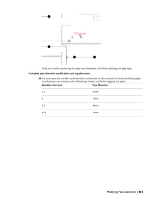 Next, you finish modifying the pipe run diameters, and finish placing the pipe tags.
Complete pipe diameter modification and tag placement
41 For more practice use the methods that you learned in this exercise to finish modifying pipe
run diameters according to the following criteria, and finish tagging the pipes.
Pipe DiameterSprinklers Serviced
25mm1, 2
32mm3
40mm4, 5
50mm6-10
Modifying Pipe Diameters | 461
 