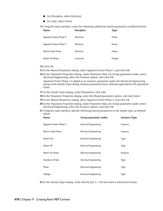 ■ For Discipline, select Electrical.
■ For Type, select Power.
13 Using the same method, create the following additional shared parameters as defined below:
TypeDisciplineName
PowerElectricalApparent Power Phase 2
PowerElectricalApparent Power Phase 3
PowerElectricalElectric Heat Power
IntegerCommonMotor On Phase
14 Click OK.
15 In the Shared Parameters dialog, select Apparent Power Phase 1, and click OK.
16 In the Parameter Properties dialog, under Parameter Data, for Group parameter under, select
Electrical Engineering, select the Instance option, and click OK.
Apparent Power Phase 1 is added as an instance parameter under the Electrical Engineering
group in the Family Types dialog. Instance parameters have (default) appended to the parameter
name.
17 In the Family Types dialog, under Parameters, click Add.
18 In the Parameter Properties dialog, select the Shared parameter option, and click Select.
19 In the Shared Parameters dialog, select Apparent Power Phase 2, and click OK
20 In the Parameter Properties dialog, under Parameter Data, for Group parameter under, select
Electrical Engineering, select the Instance option, and click OK.
21 Using the same method, add the following shared parameters to the family type, as defined
below:
Instance/TypeGroup parameter underName
InstanceElectrical EngineeringApparent Power Phase 3
InstanceElectrical EngineeringElectric Heat Power
TypeElectrical EngineeringMotor FLA
TypeElectrical EngineeringMotor HP
InstanceElectrical EngineeringMotor On Phase
TypeElectrical EngineeringNumber of Poles
TypeElectrical EngineeringPhase
TypeElectrical EngineeringVoltage
22 In the Family Types dialog, verify that M_Size 2 - 150 mm Inlet is selected for Name.
470 | Chapter 9 Creating Revit MEP Content
 