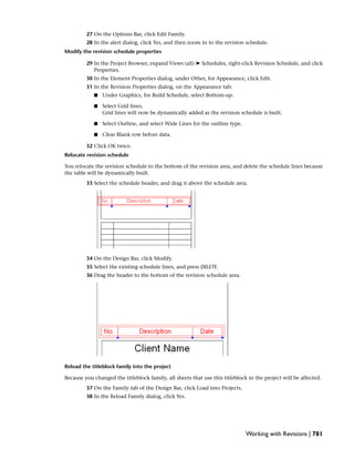 27 On the Options Bar, click Edit Family.
28 In the alert dialog, click Yes, and then zoom in to the revision schedule.
Modify the revision schedule properties
29 In the Project Browser, expand Views (all) ➤ Schedules, right-click Revision Schedule, and click
Properties.
30 In the Element Properties dialog, under Other, for Appearance, click Edit.
31 In the Revision Properties dialog, on the Appearance tab:
■ Under Graphics, for Build Schedule, select Bottom-up.
■ Select Grid lines.
Grid lines will now be dynamically added as the revision schedule is built.
■ Select Outline, and select Wide Lines for the outline type.
■ Clear Blank row before data.
32 Click OK twice.
Relocate revision schedule
You relocate the revision schedule to the bottom of the revision area, and delete the schedule lines because
the table will be dynamically built.
33 Select the schedule header, and drag it above the schedule area.
34 On the Design Bar, click Modify.
35 Select the existing schedule lines, and press DELETE.
36 Drag the header to the bottom of the revision schedule area.
Reload the titleblock family into the project
Because you changed the titleblock family, all sheets that use this titleblock in the project will be affected.
37 On the Family tab of the Design Bar, click Load into Projects.
38 In the Reload Family dialog, click Yes.
Working with Revisions | 781
 