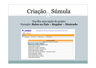 Criação Súmula
         Escolha uma opção de projeto
Exemplo: Bolsa no País – Regular – Mestrado
 