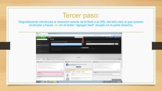 Tercer paso: 
Seguidamente introduces la dirección exacta de la feed o la URL del sitio web al que quieres 
sindicarte y haces clic en el botón “agregar feed” situado en la parte derecha. 
 