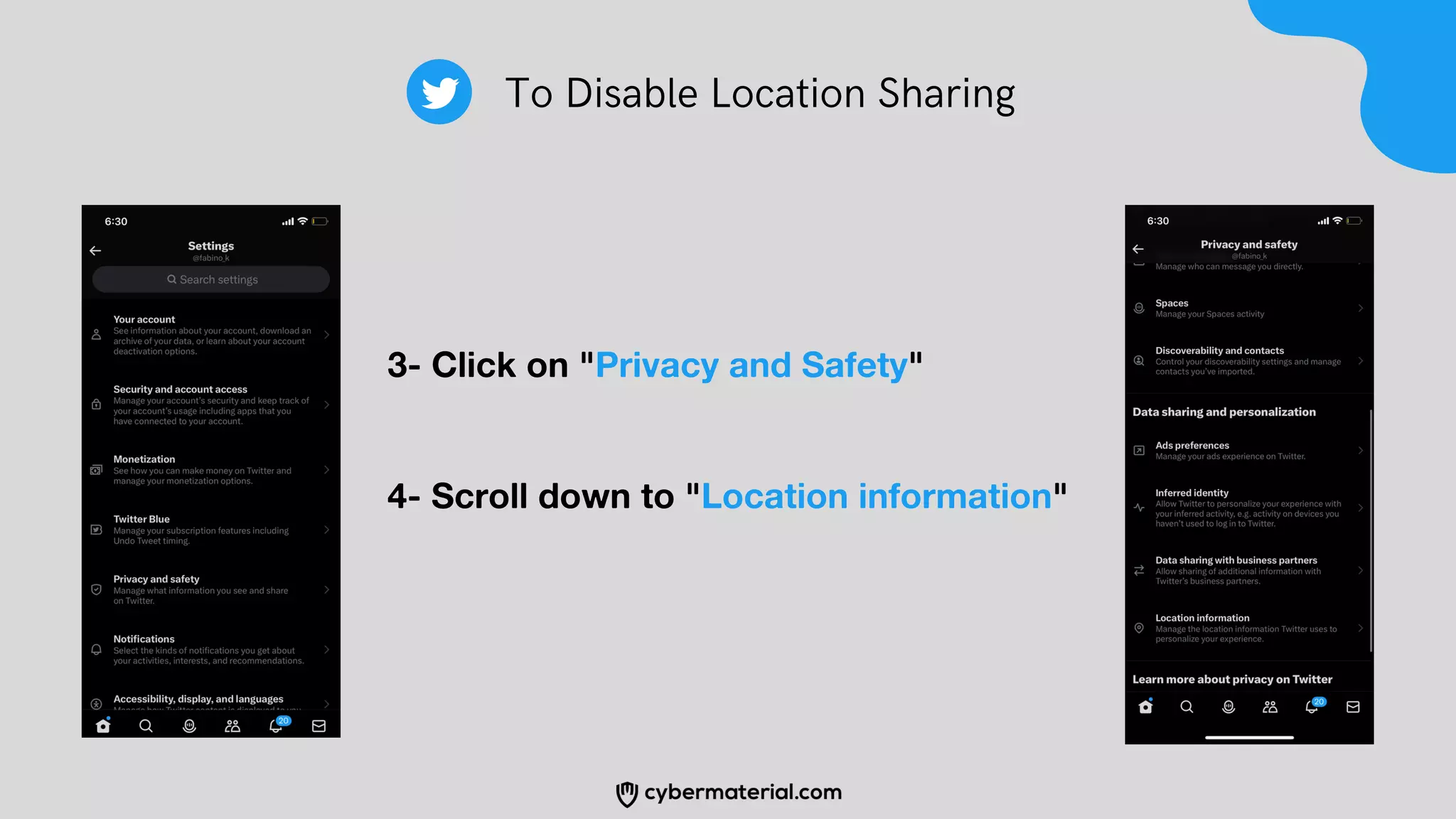 3- Click on "Privacy and Safety"
4- Scroll down to "Location information"
To Disable Location Sharing