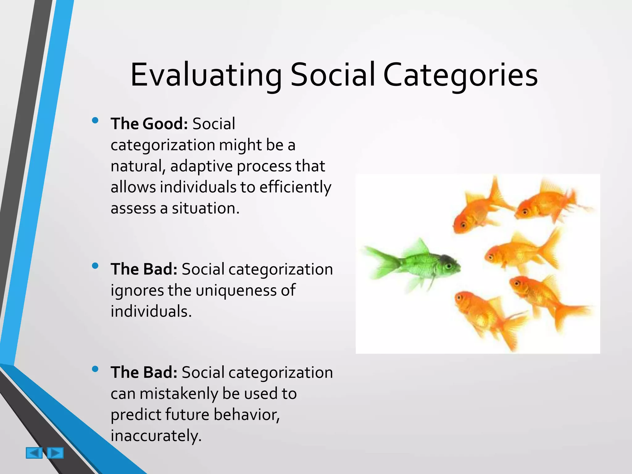 Evaluating Social Categories
• The Good: Social
categorization might be a
natural, adaptive process that
allows individuals to efficiently
assess a situation.
• The Bad: Social categorization
ignores the uniqueness of
individuals.
• The Bad: Social categorization
can mistakenly be used to
predict future behavior,
inaccurately.
 