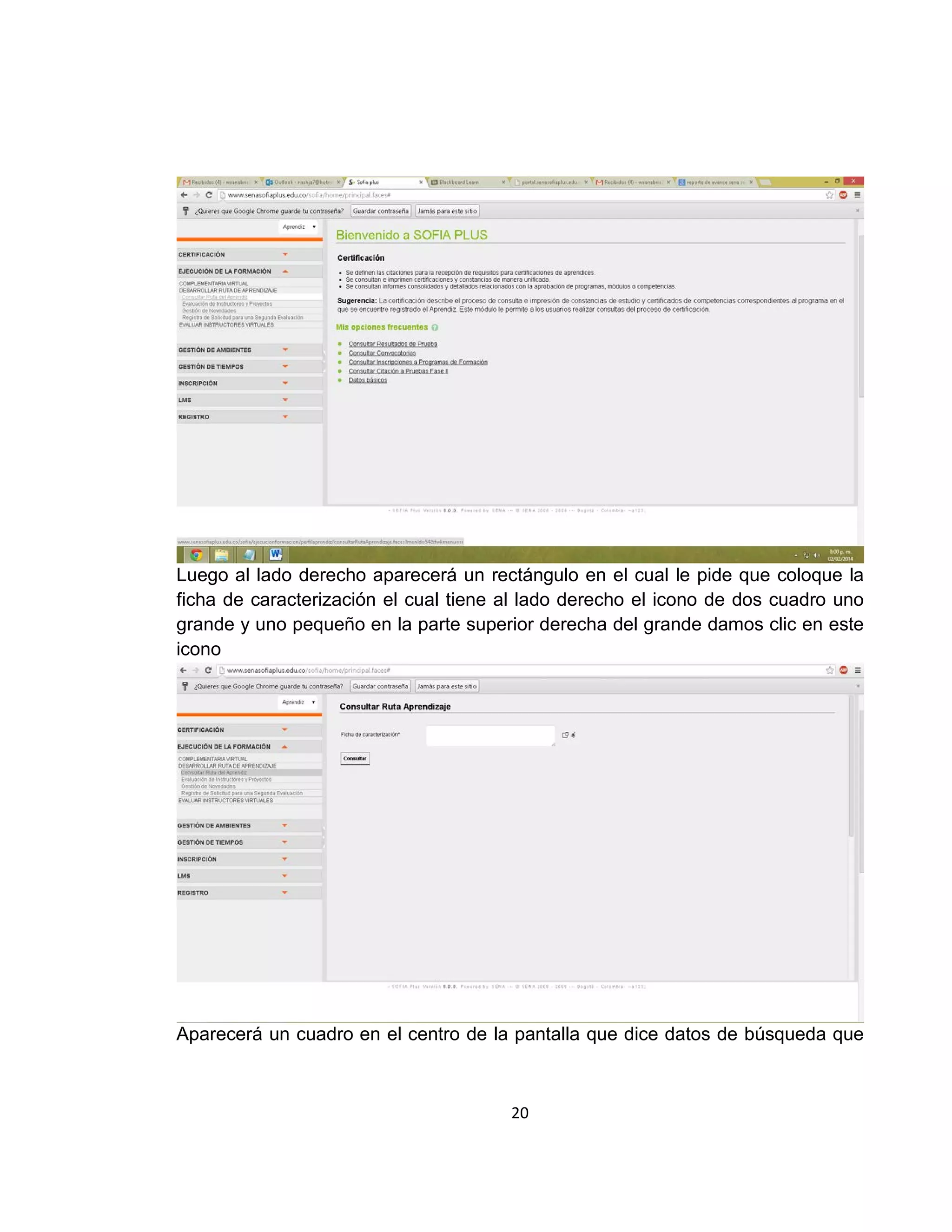 Luego al lado derecho aparecerá un rectángulo en el cual le pide que coloque la
ficha de caracterización el cual tiene al lado derecho el icono de dos cuadro uno
grande y uno pequeño en la parte superior derecha del grande damos clic en este
icono

Aparecerá un cuadro en el centro de la pantalla que dice datos de búsqueda que

20

 