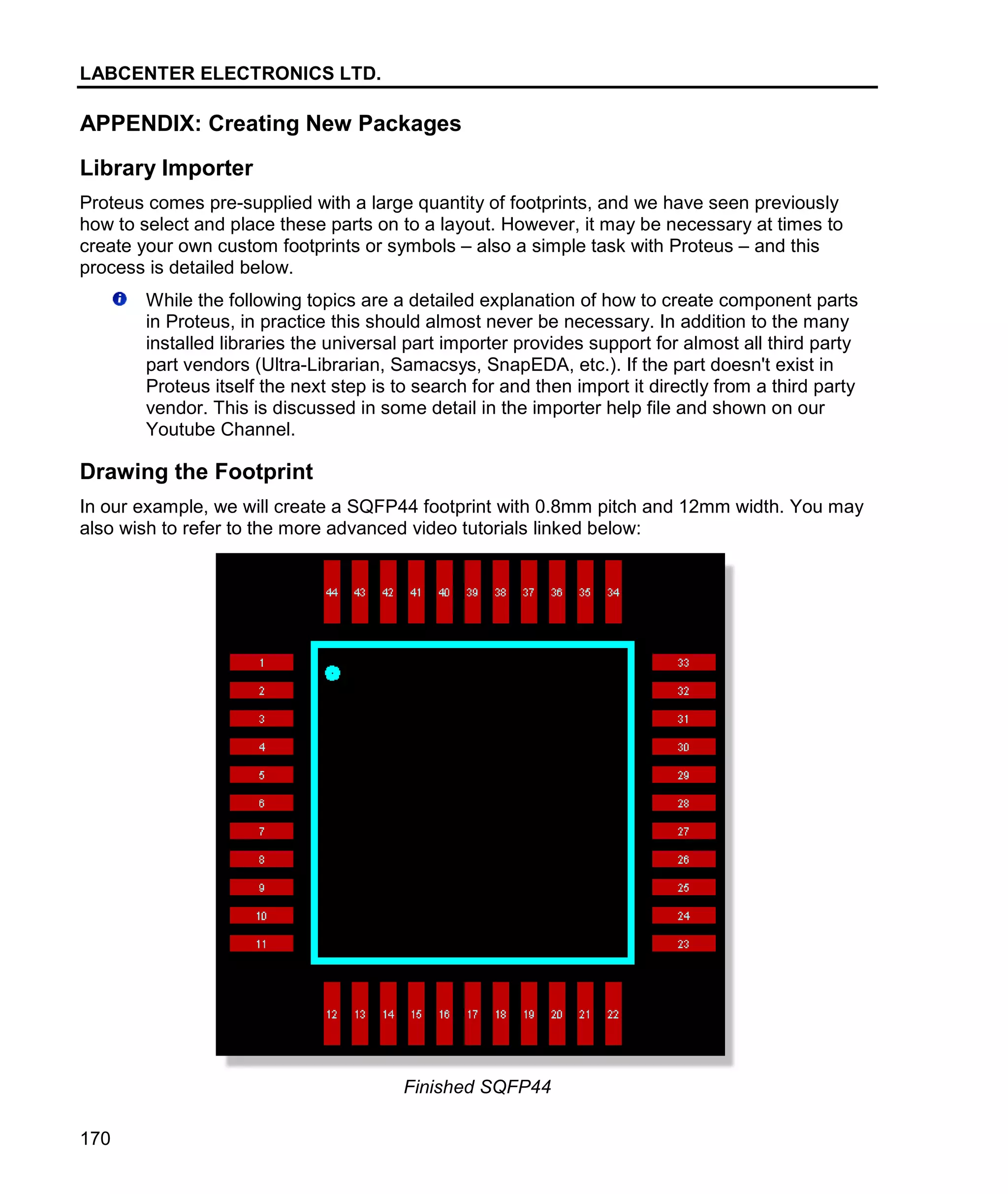 LABCENTER ELECTRONICS LTD.
170
APPENDIX: Creating New Packages
Library Importer
Proteus comes pre-supplied with a large quantity of footprints, and we have seen previously
how to select and place these parts on to a layout. However, it may be necessary at times to
create your own custom footprints or symbols – also a simple task with Proteus – and this
process is detailed below.
While the following topics are a detailed explanation of how to create component parts
in Proteus, in practice this should almost never be necessary. In addition to the many
installed libraries the universal part importer provides support for almost all third party
part vendors (Ultra-Librarian, Samacsys, SnapEDA, etc.). If the part doesn't exist in
Proteus itself the next step is to search for and then import it directly from a third party
vendor. This is discussed in some detail in the importer help file and shown on our
Youtube Channel.
Drawing the Footprint
In our example, we will create a SQFP44 footprint with 0.8mm pitch and 12mm width. You may
also wish to refer to the more advanced video tutorials linked below:
Finished SQFP44
 