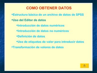 COMO OBTENER DATOS Estructura básica de un archivo de datos de SPSS Uso del Editor de datos Introducción de datos numéricos Introducción de datos no numéricos Definición de datos Uso de etiquetas de valor para introducir datos Transformación de valores de datos 