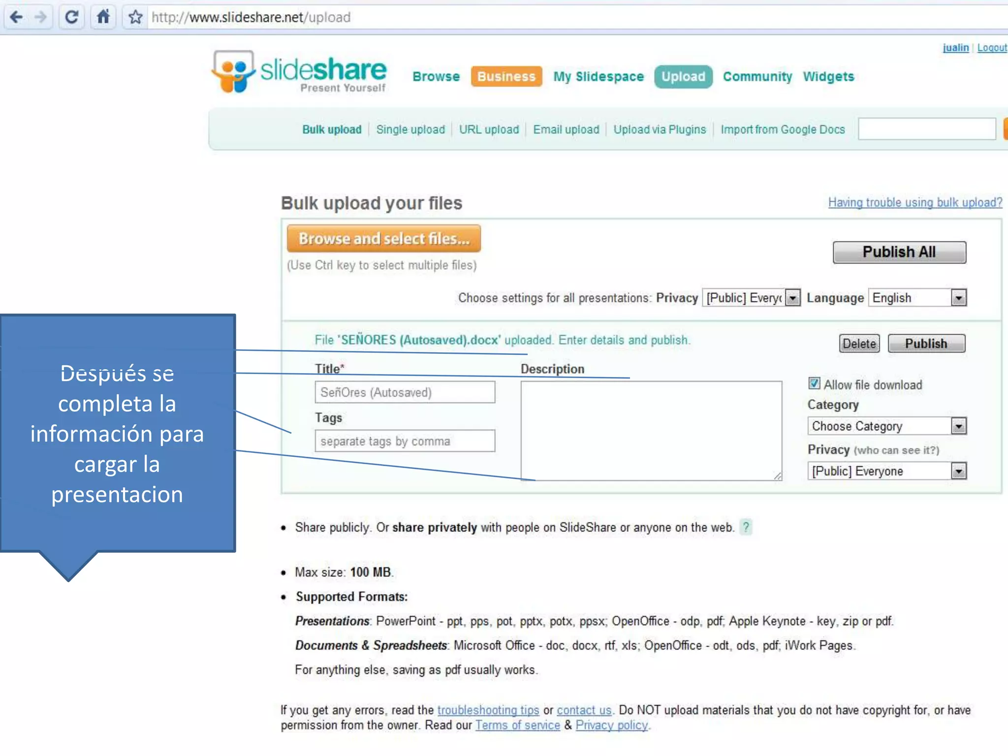 Después se completa la información para cargar la presentacion 
