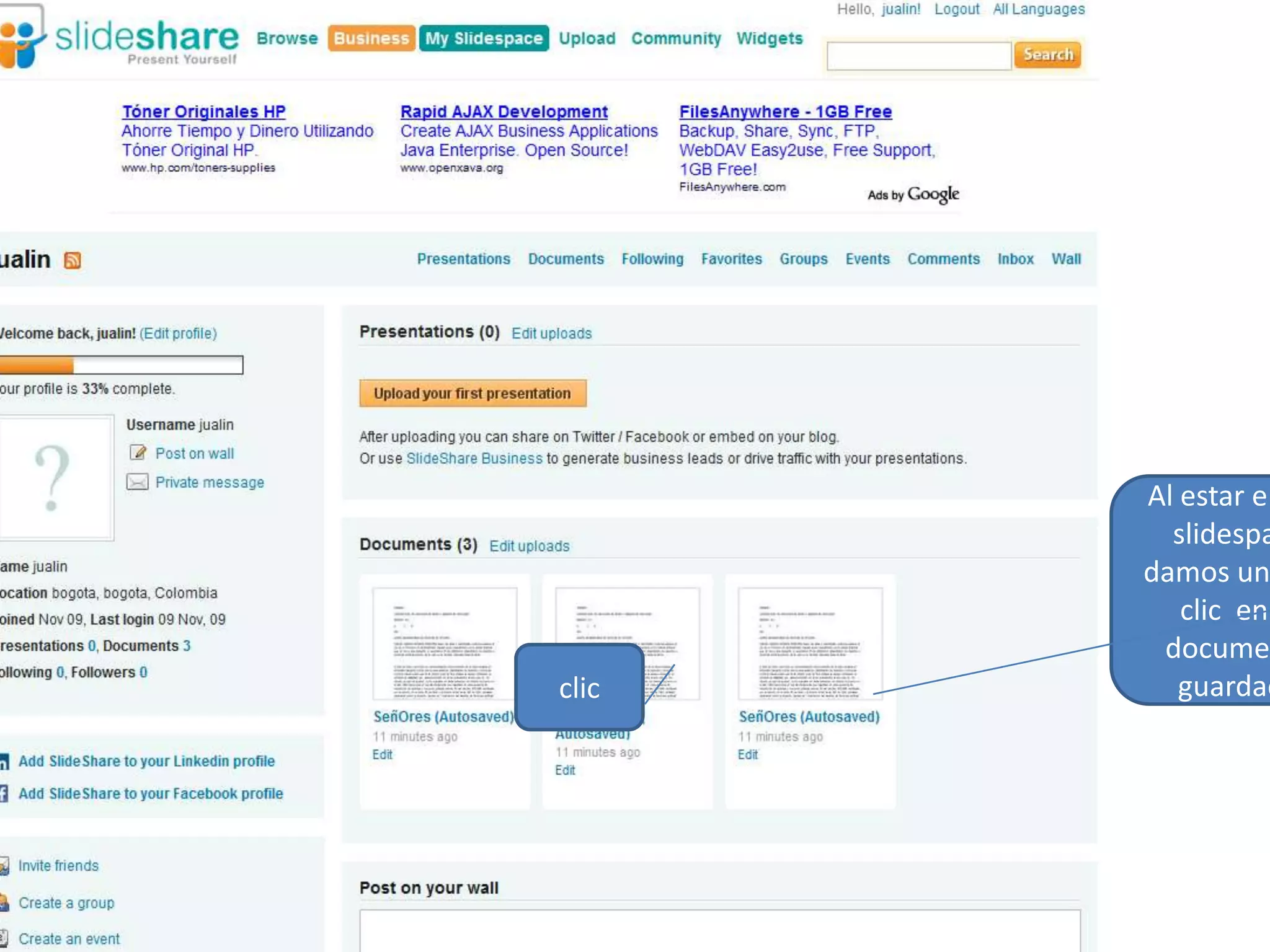 Al estar en my slidespace  damos una vez clic  en el documento  guardadoclic