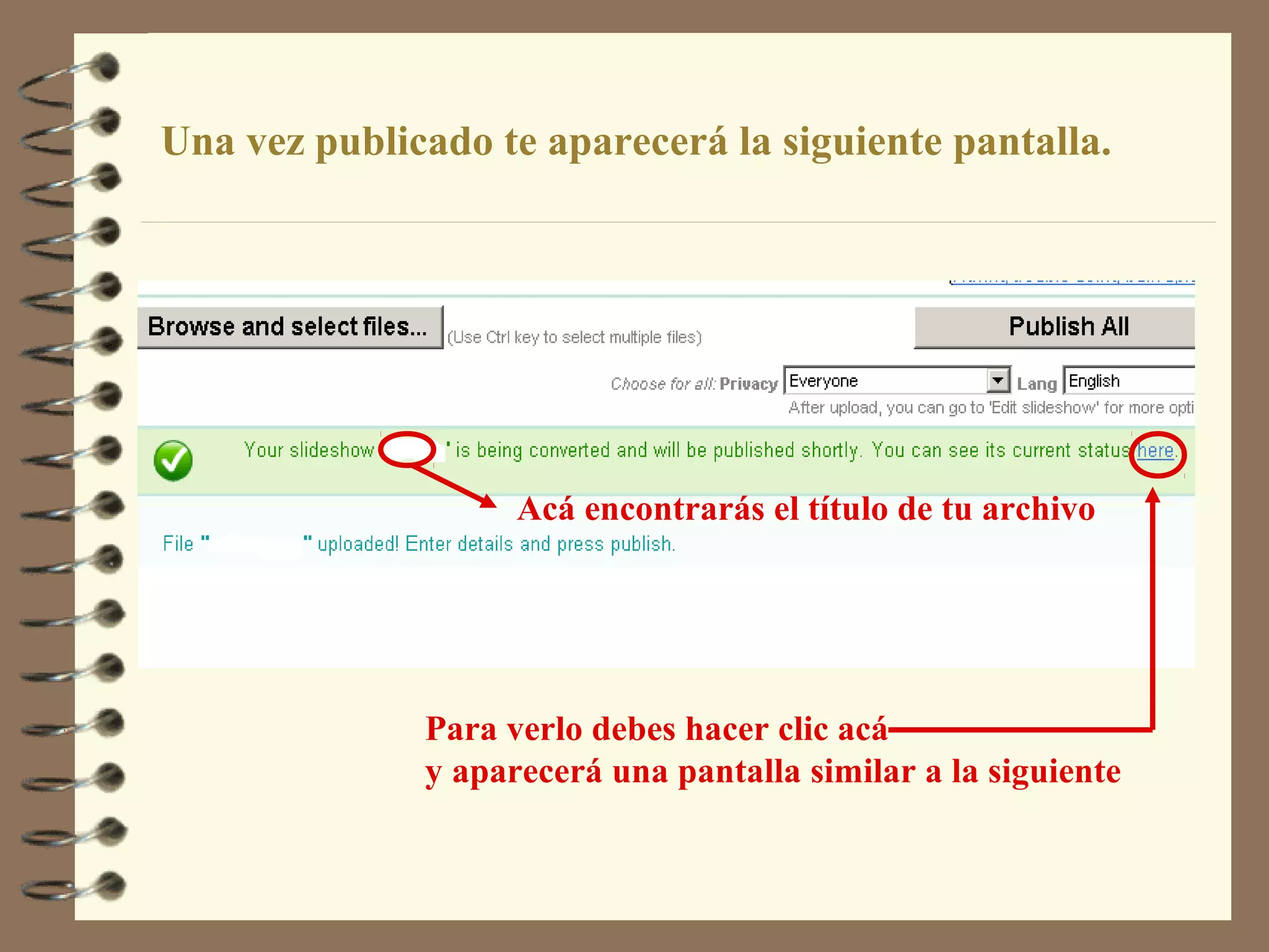 Acá encontrarás el título de tu archivo
Para verlo debes hacer clic acá
y aparecerá una pantalla similar a la siguiente
Una vez publicado te aparecerá la siguiente pantalla.
 