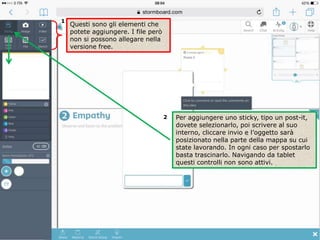 Questi sono gli elementi che
potete aggiungere. I file però
non si possono allegare nella
versione free.
1
Per aggiungere uno sticky, tipo un post-it,
dovete selezionarlo, poi scrivere al suo
interno, cliccare invio e l’oggetto sarà
posizionato nella parte della mappa su cui
state lavorando. In ogni caso per spostarlo
basta trascinarlo. Navigando da tablet
questi controlli non sono attivi.
2
 
