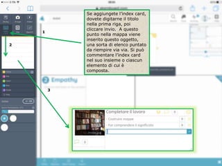Se aggiungete l’index card,
dovete digitarne il titolo
nella prima riga, poi
cliccare invio. A questo
punto nella mappa viene
inserito questo oggetto,
una sorta di elenco puntato
da riempire via via. Si può
commentare l’index card
nel suo insieme o ciascun
elemento di cui è
composta.
1
2
3
 
