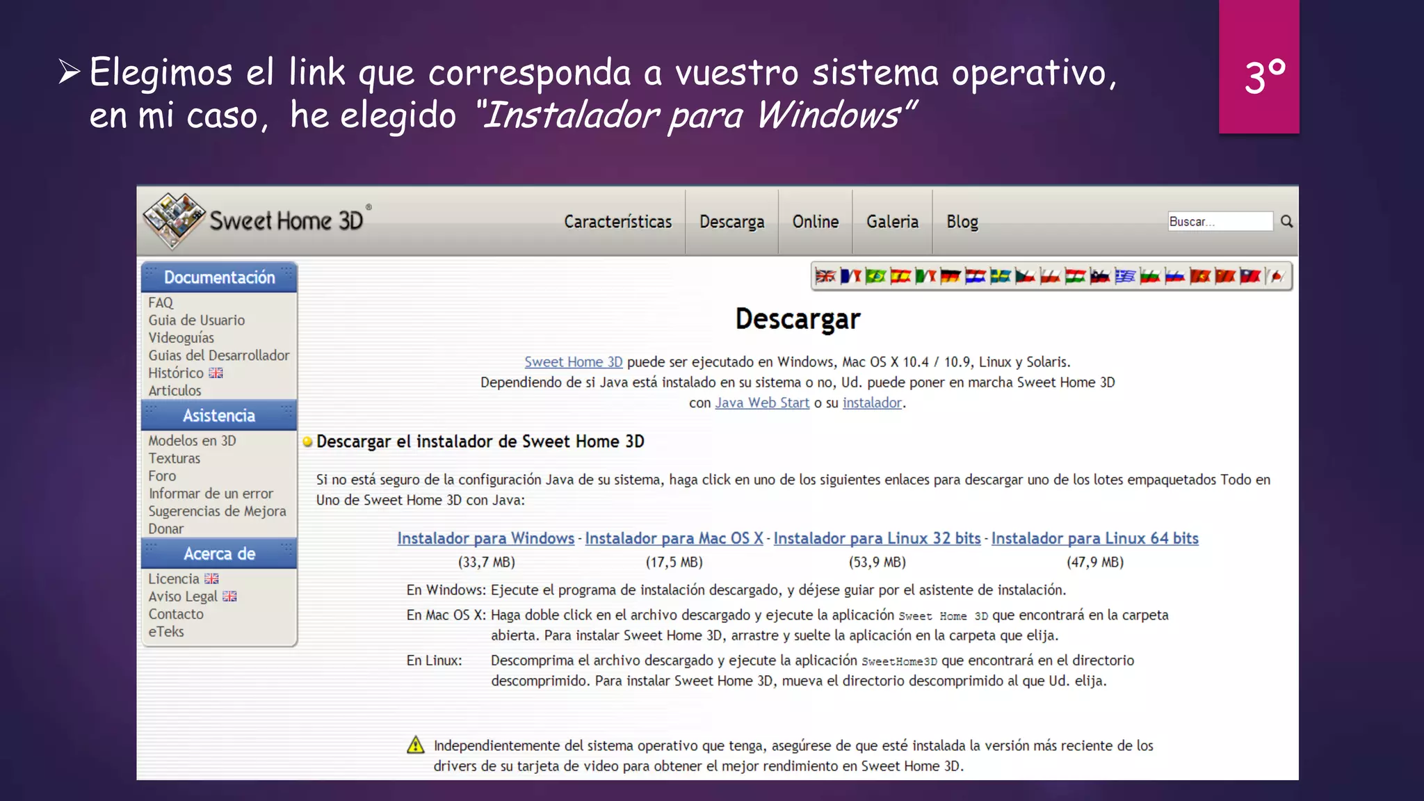  Elegimos el link que corresponda a vuestro sistema operativo,
en mi caso, he elegido “Instalador para Windows”

3º

 