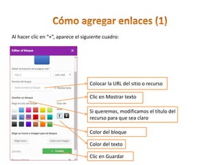 Al hacer clic en “+”, aparece el siguiente cuadro:
Colocar la URL del sitio o recurso
Clic en Mostrar texto
Si queremos, modificamos el título del
recurso para que sea claro
Color del bloque
Color del texto
Clic en Guardar
 