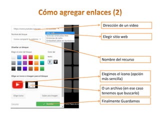 Dirección de un video
Nombre del recurso
Elegir sitio web
Elegimos el ícono (opción
más sencilla)
O un archivo (en ese caso
tenemos que buscarlo)
Finalmente Guardamos
 