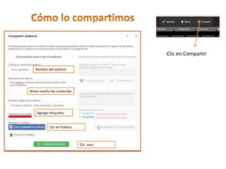 Clic en Compartir
Nombre del webmix
Breve reseña del contenido
Agregar etiquetas
Clic en Público
Clic aquí
 