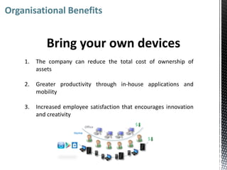 Organisational Benefits


            Bring your own devices
    1.   The company can reduce the total cost of ownership of
         assets

    2.   Greater productivity through in-house applications and
         mobility

    3.   Increased employee satisfaction that encourages innovation
         and creativity
                              Office
                                             $
                       Home
                                                  $
 