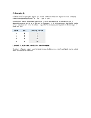 O Operador E:
Existem diversas operações lógicas que podem ser feitas entre dois dígitos binários, sendo as
mais conhecidas as seguintes: "E", "OU", "XOR" e "NOT".
Para o nosso estudo interessa o operador E. Quando realizamos um "E" entre dois bits, o
resultado somente será 1, se os dois bits forem iguais a 1. Se pelo menos um dos bits for igual a
zero, o resultado será zero. Na tabela a seguir temos todos os valores possíveis da operação E
entre dois bits:
bit-1

bit-2

(bit-1) E (bit-2)

1

1

1

1

0

0

0

1

0

0

0

0

Como o TCP/IP usa a máscara de sub-rede:
Considere a figura a seguir, onde temos a representação de uma rede local, ligada a uma outras
redes através de um roteador.

 
