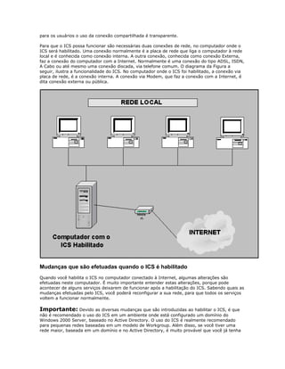 para os usuários o uso da conexão compartilhada é transparente.
Para que o ICS possa funcionar são necessárias duas conexões de rede, no computador onde o
ICS será habilitado. Uma conexão normalmente é a placa de rede que liga o computador à rede
local e é conhecida como conexão interna. A outra conexão, conhecida como conexão Externa,
faz a conexão do computador com a Internet. Normalmente é uma conexão do tipo ADSL, ISDN,
A Cabo ou até mesmo uma conexão discada, via telefone comum. O diagrama da Figura a
seguir, ilustra a funcionalidade do ICS. No computador onde o ICS foi habilitado, a conexão via
placa de rede, é a conexão interna. A conexão via Modem, que faz a conexão com a Internet, é
dita conexão externa ou pública.

Mudanças que são efetuadas quando o ICS é habilitado
Quando você habilita o ICS no computador conectado à Internet, algumas alterações são
efetuadas neste computador. É muito importante entender estas alterações, porque pode
acontecer de alguns serviços deixarem de funcionar após a habilitação do ICS. Sabendo quais as
mudanças efetuadas pelo ICS, você poderá reconfigurar a sua rede, para que todos os serviços
voltem a funcionar normalmente.

Importante: Devido as diversas mudanças que são introduzidas ao habilitar o ICS, é que
não é recomendado o uso do ICS em um ambiente onde está configurado um domínio do
Windows 2000 Server, baseado no Active Directory. O uso do ICS é realmente recomendado
para pequenas redes baseadas em um modelo de Workgroup. Além disso, se você tiver uma
rede maior, baseada em um domínio e no Active Directory, é muito provável que você já tenha

 