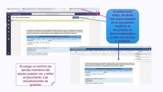 Al seleccionar
editar, se abrira
una nueva pestaña
en la que podrán
modificar el
documento en
forma colaborativa
o bien solo revisar
o visualizar
Al cargar un archivo los
demás miembros del
equipo pueden ver y editar
el documento. Las
actualizaciones se
guardan
 