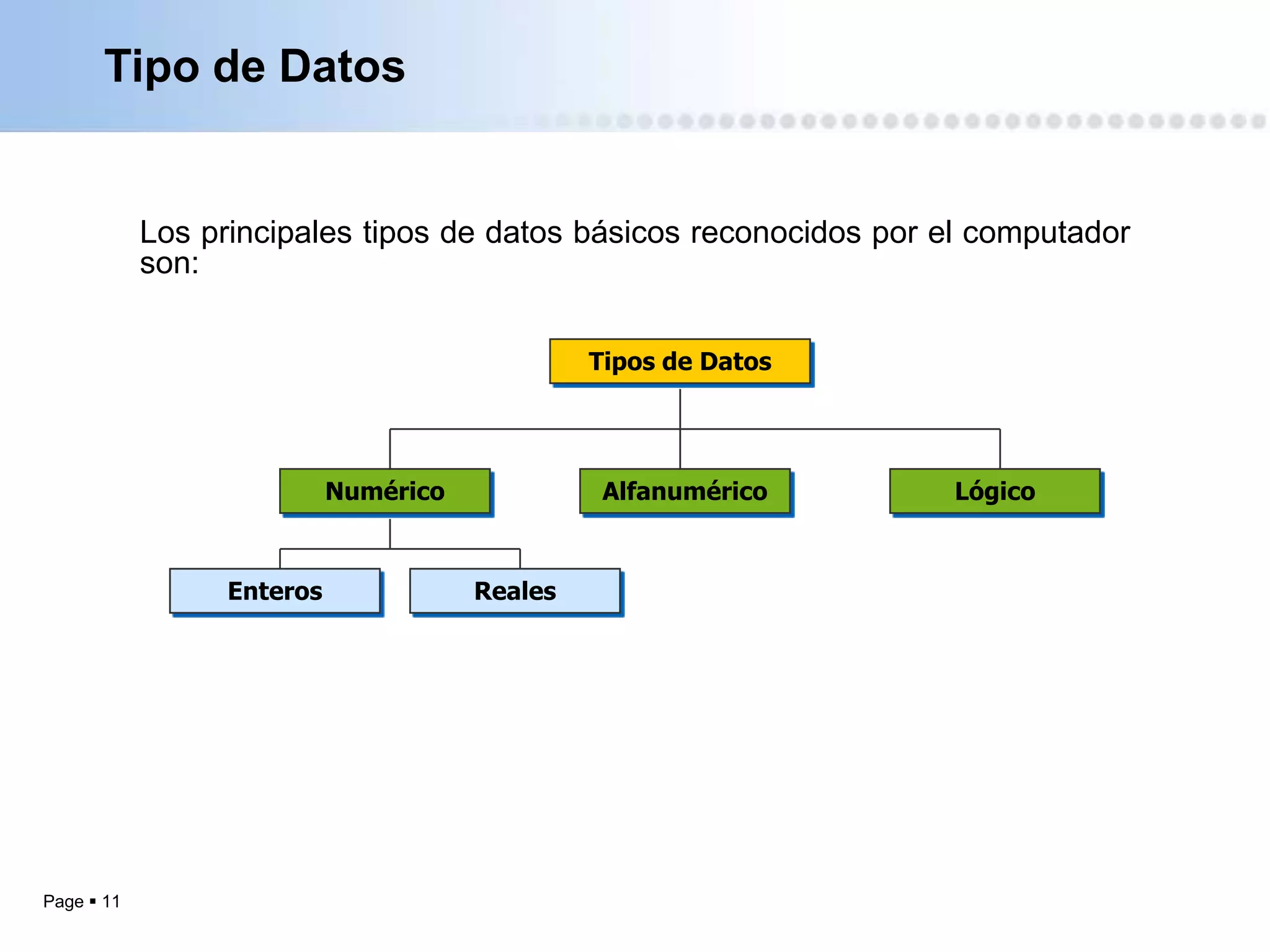 Tipo de Datos


            Los principales tipos de datos básicos reconocidos por el computador
            son:


                                                Tipos de Datos




                            Numérico             Alfanumérico      Lógico



                  Enteros              Reales




Page  11
 