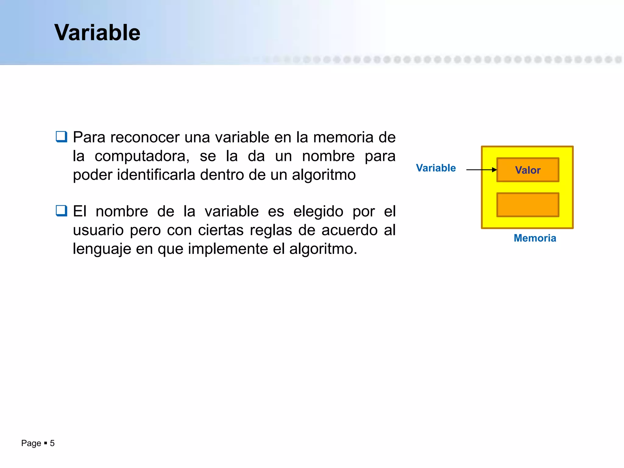 Variable



        Para reconocer una variable en la memoria de
         la computadora, se la da un nombre para
                                                         Variable   Valor
         poder identificarla dentro de un algoritmo

        El nombre de la variable es elegido por el
         usuario pero con ciertas reglas de acuerdo al              Memoria
         lenguaje en que implemente el algoritmo.




Page  5
 