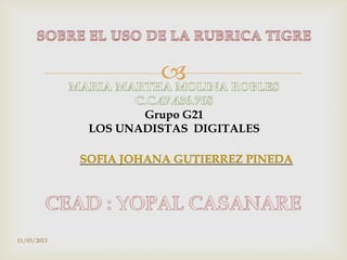 
                     Grupo G21
              LOS UNADISTAS DIGITALES

             SOFIA JOHANA GUTIERREZ PINEDA




11/03/2013
 