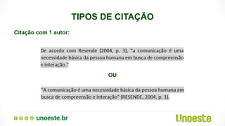 TIPOS DE CITAÇÃO
Citação com 1 autor:
OU
 