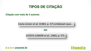 TIPOS DE CITAÇÃO
Citação com mais de 3 autores:
OU
 