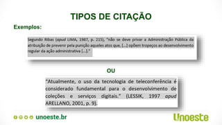 TIPOS DE CITAÇÃO
Exemplos:
OU
 