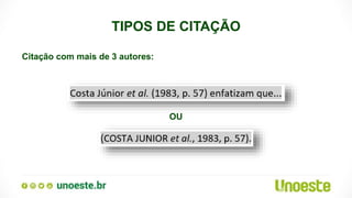 TIPOS DE CITAÇÃO
Citação com mais de 3 autores:
OU
 
