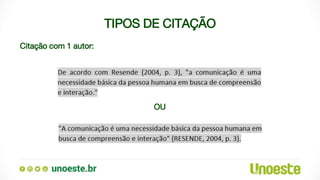 TIPOS DE CITAÇÃO
Citação com 1 autor:
OU
 