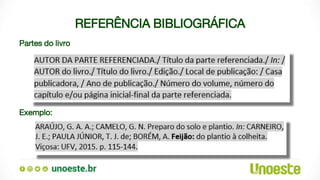 REFERÊNCIA BIBLIOGRÁFICA
Partes do livro
Exemplo:
 