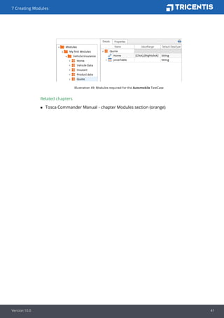 Illustration 49: Modules required for the Automobile TestCase
Related chapters
n Tosca Commander Manual - chapter Modules section (orange)
7 Creating Modules
Version 10.0 41
 