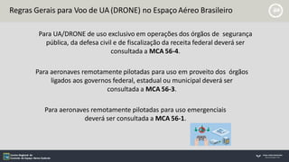 Para UA/DRONE de uso exclusivo em operações dos órgãos de segurança
pública, da defesa civil e de fiscalização da receita federal deverá ser
consultada a MCA 56-4.
Para aeronaves remotamente pilotadas para uso em proveito dos órgãos
ligados aos governos federal, estadual ou municipal deverá ser
consultada a MCA 56-3.
Para aeronaves remotamente pilotadas para uso emergenciais
deverá ser consultada a MCA 56-1.
Regras Gerais para Voo de UA (DRONE) no Espaço Aéreo Brasileiro
 