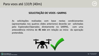Para voos até 131ft (40m)
SOLICITAÇÃO DE VOOS –SARPAS
As solicitações realizadas com base nestas condicionantes
(apresentadas nos quatros slides anteriores) deverão ser solicitadas
pelo Explorador/Operador, diretamente no SARPAS, com uma
antecedência mínima de 45 min em relação ao início da operação
pretendida.
 
