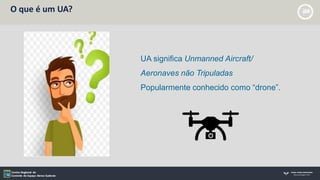 O que é um UA?
UA significa Unmanned Aircraft/
Aeronaves não Tripuladas
Popularmente conhecido como “drone”.
 