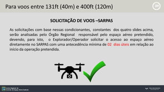 Para voos entre 131ft (40m) e 400ft (120m)
SOLICITAÇÃO DE VOOS –SARPAS
As solicitações com base nessas condicionantes, constantes dos quatro slides acima,
serão analisadas pelo Órgão Regional responsável pelo espaço aéreo pretendido,
devendo, para isto, o Explorador/Operador solicitar o acesso ao espaço aéreo
diretamente no SARPAS com uma antecedência mínima de 02 dias úteis em relação ao
início da operação pretendida.
 