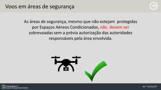 Voos em áreas de segurança
As áreas de segurança, mesmo que não estejam protegidas
por Espaços Aéreos Condicionados, não devem ser
sobrevoadas sem a prévia autorização das autoridades
responsáveis pela área envolvida.
 