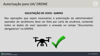 Autorização para UA/ DRONE
SOLICITAÇÃO DE VOOS –SARPAS
Nas operações que sejam necessárias a autorização do administrador/
operador do aeródromo deve ser feita por carta de anuência, contendo
todos os dados do voo/ operador e anexada no campo “documentos
obrigatórios” no SARPAS.
 