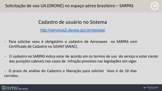 Solicitação de voo UA (DRONE) no espaço aéreo brasileiro – SARPAS
Cadastro de usuário no Sistema
http://servicos2.decea.gov.br/sarpas/
- Para solicitar voos é obrigatório o cadastro de Aeronaves no SARPAS com
Certificado de Cadastro no SISANT (ANAC).
- O cadastro no SARPAS indica estar de acordo om os termos de uso do serviço e estar ciente
das punições cabíveis nos casos de infração previstos nas legislações em vigor.
- O prazo de análise do Cadastro e liberação para solicitar Voos é de 10 dias
corridos.
 